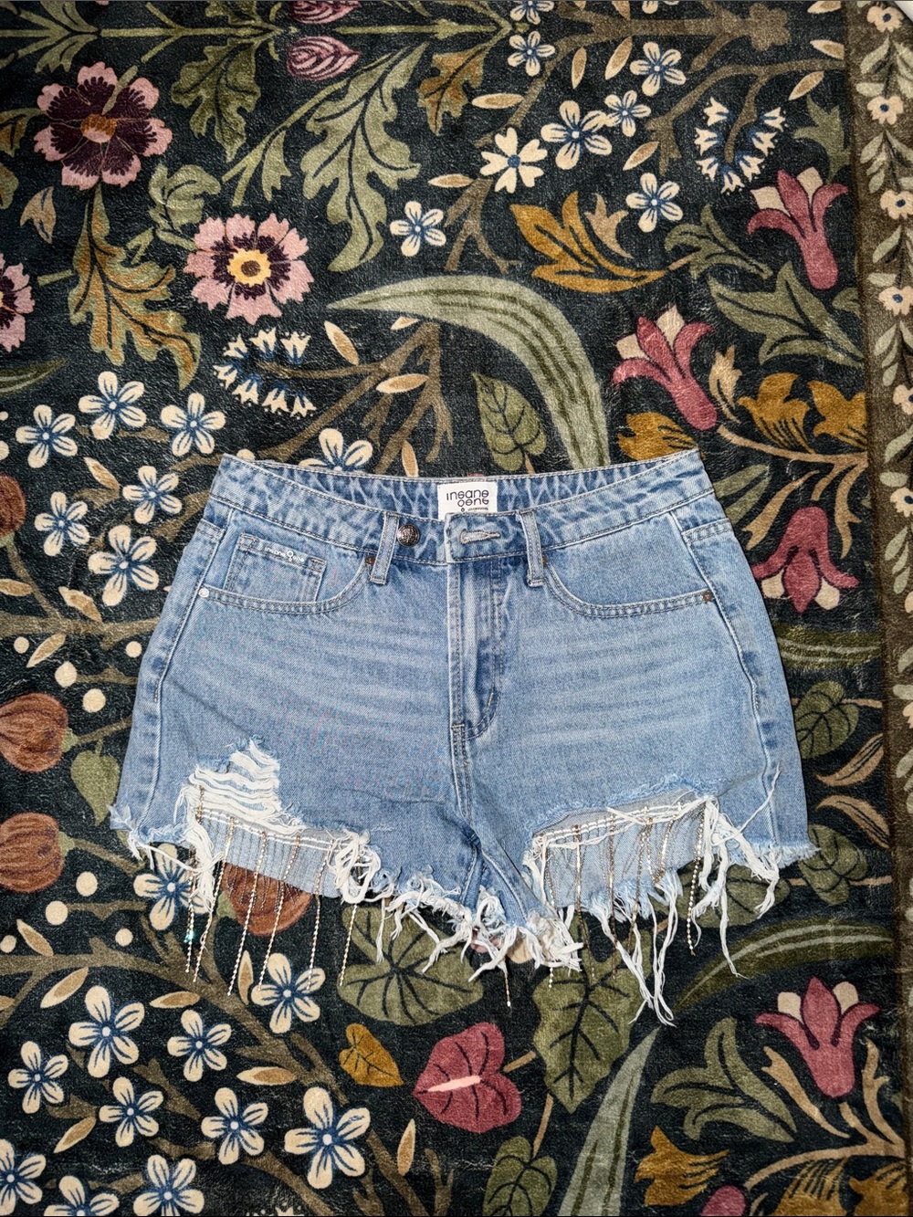Light Blue Distressed Denim Shorts with diamond Fringe